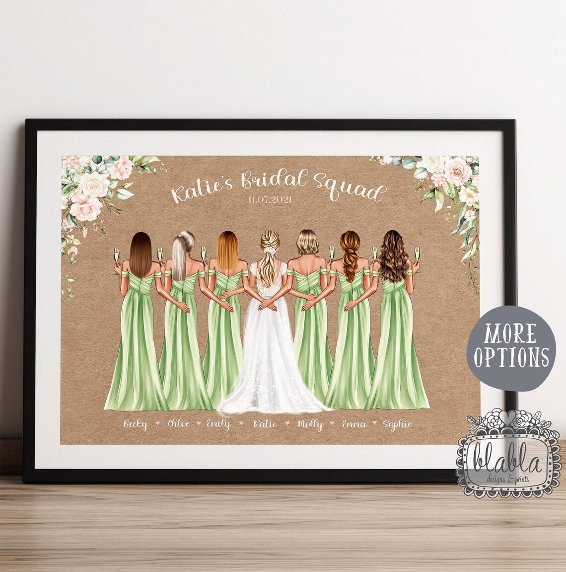 Personalised Bridal Squad Poster Six Bridesmaids in Sage Green Gowns