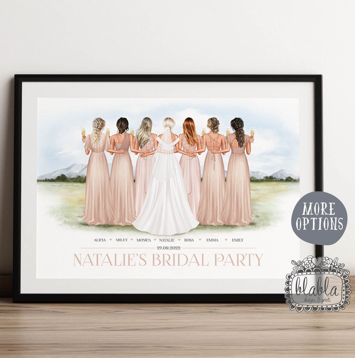 Natalie Bridal Party Bride With Six Bridesmaids Keepsake Print
