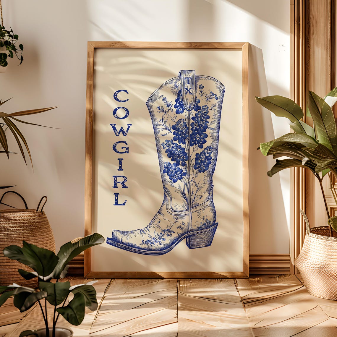 Cowgirl Blue Floral Boot Texas Chinoiserie Western Wall Art Print - Image 4