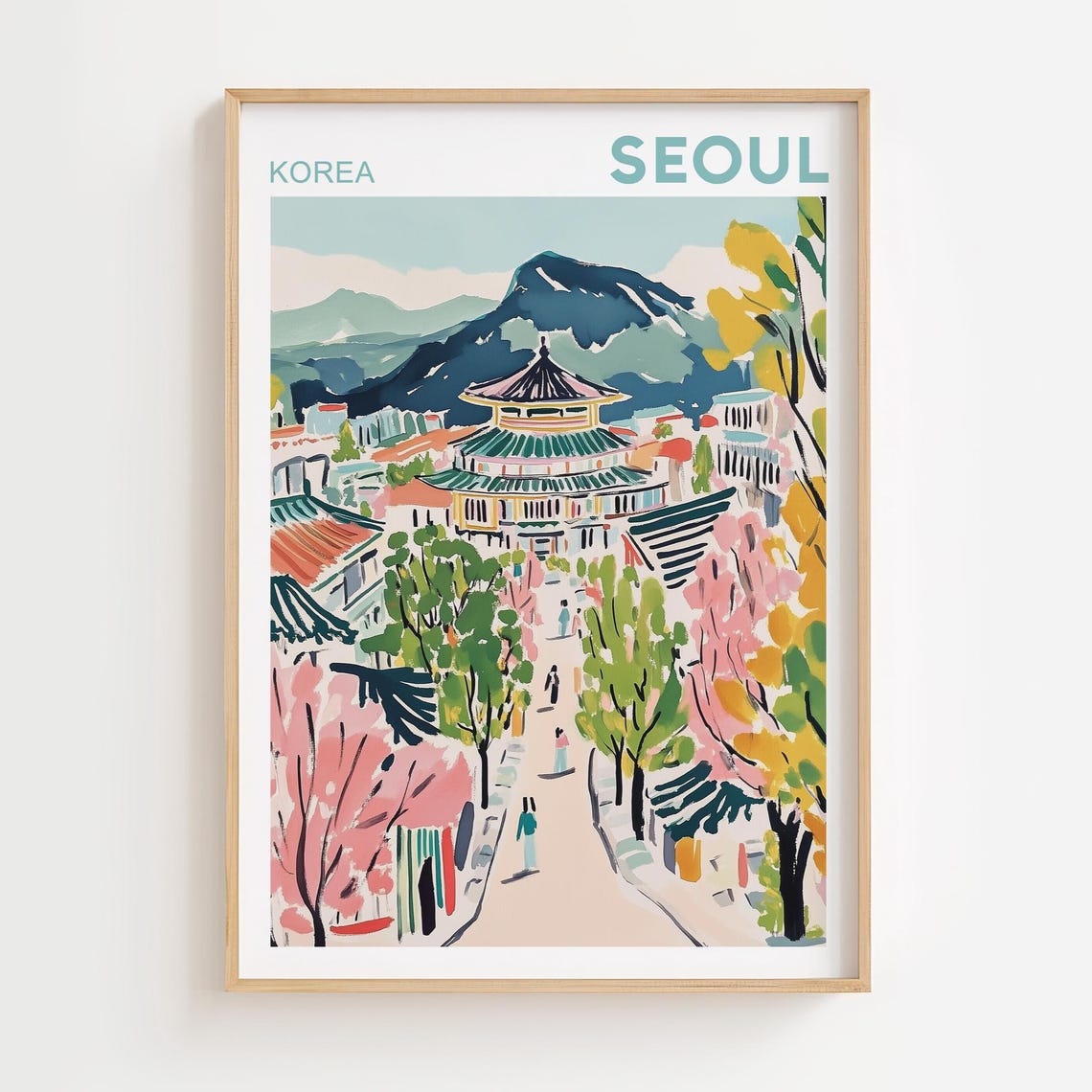 Seoul Korea Traditional Palace Mountain Blossom Watercolor Poster