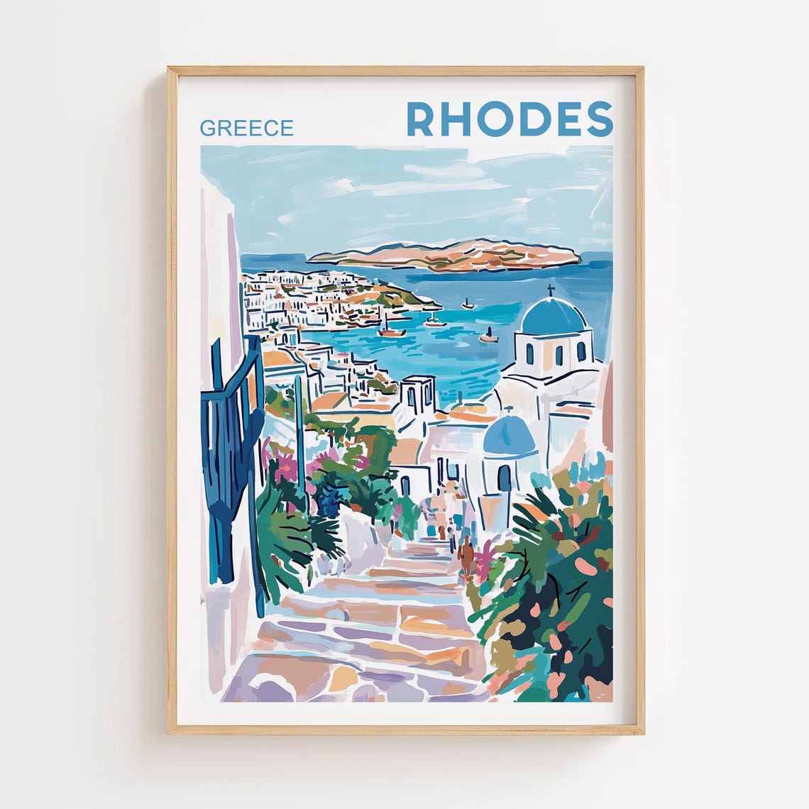 Rhodes Greece Old Town Blue Domes Harbor Steps Travel Poster