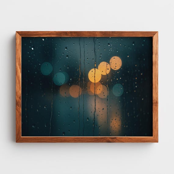 Moody Rainy Window With City Bokeh Urban Nightscape Wall Art Rustic Framed Scene Stormy Weather Decor Print 20