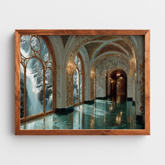 Art Nouveau Marble Hallway Oil Painting Elegant Architectural Wall Vintage Style Grand Decor Waterfall View 181