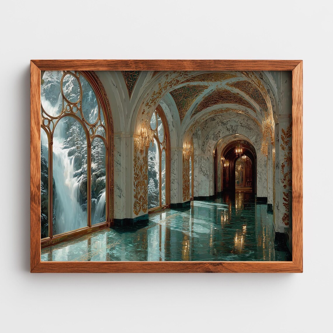 Marble Hallway Palace Waterfall View Art Nouveau Golden Interior Wall Art
