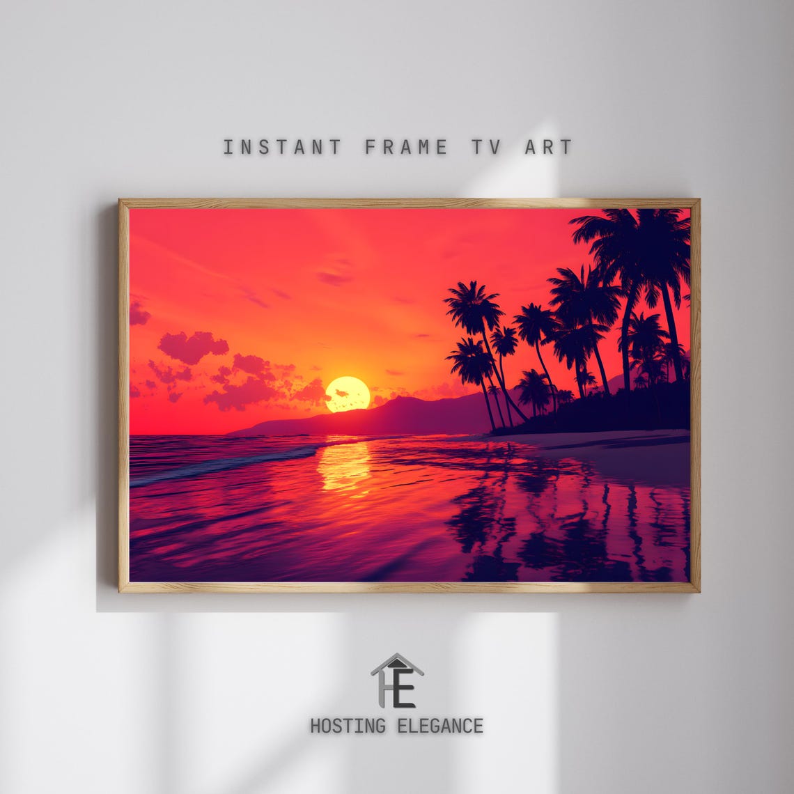 Tropical Sunset Beach Palm Silhouette Vivid Ocean Waves Art Poster