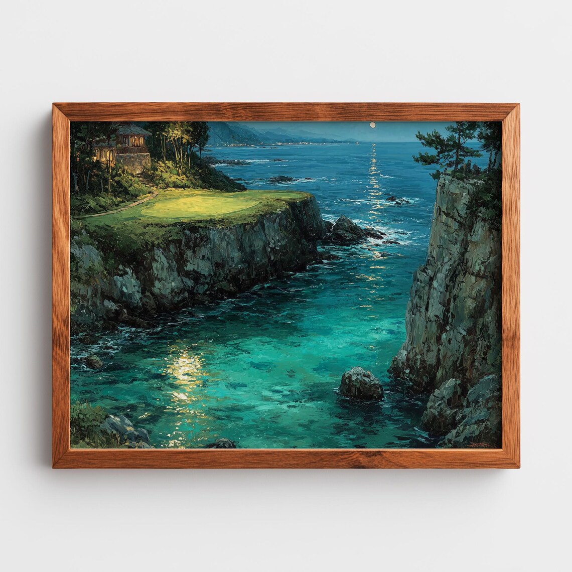 Moonlit Coastal Golf Green Cliffside Turquoise Sea Night Watercolor Print