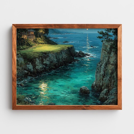 Moonlit Coastal Golf Green Cliffside Turquoise Sea Night Watercolor Print