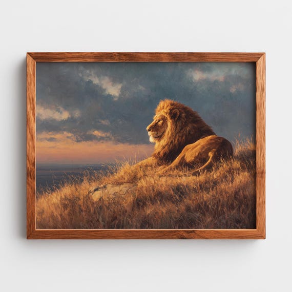 Majestic Lion At Sunset Wildlife Art Rustic Golden Painting Sunlit Landscape Decor Serene Safari Scene Print 45