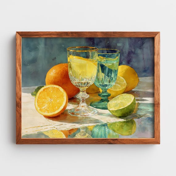 Watercolor Citrus Still Life Crystal Goblets And Sliced Fruits Vintage Kitchen Decor Refreshing Wall Art 86