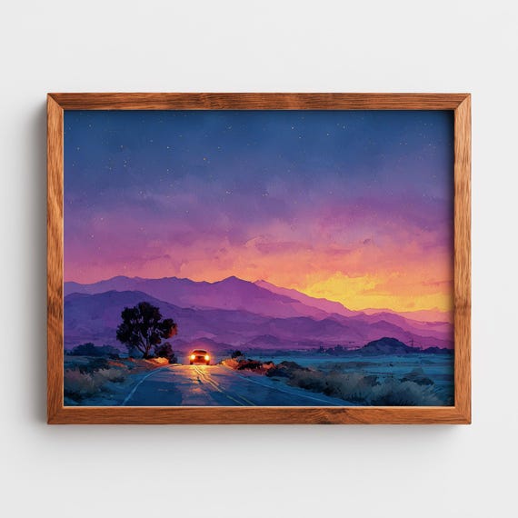 Desert Road At Twilight Rustic Landscape Art Violet Sky Painting Night Scene Earthy Wall Decor Print 235