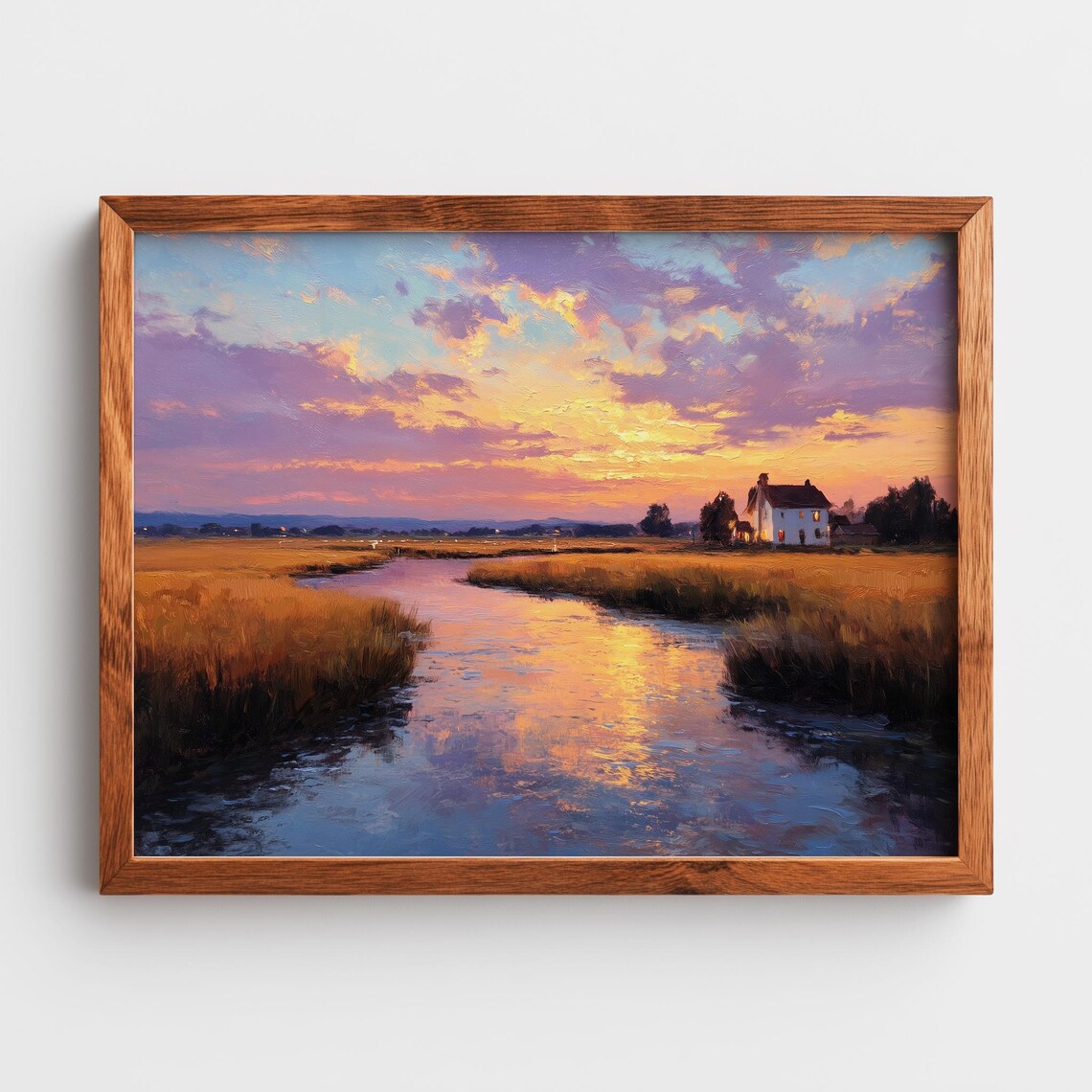 River Sunset Farmhouse Purple Sky Golden Marsh Oil Painting Poster