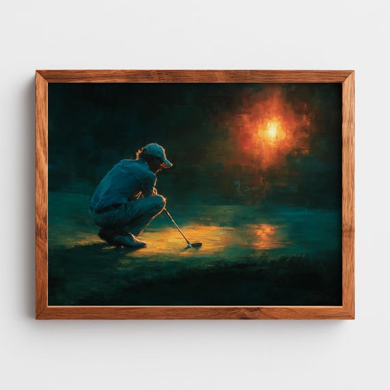 Moody Sunset Golf Scene Atmospheric Golfer Lining Up Putt Warm Glow Lens Flare Effect Wall Art 281