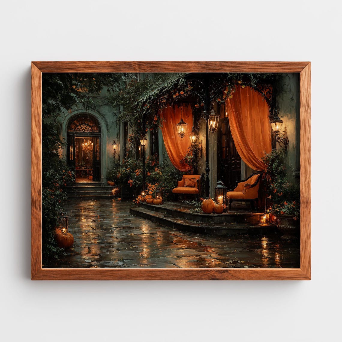 Rainy Victorian Veranda Poster Moody Autumn Night Lantern Glow Art