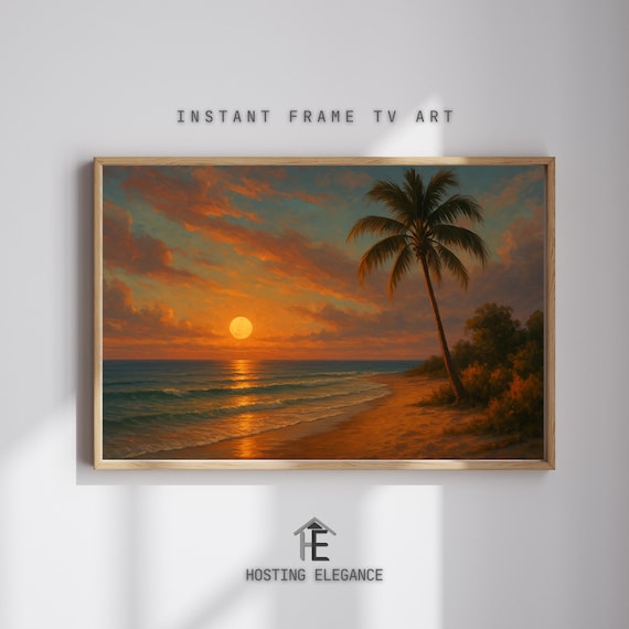 Golden Sunset Beach Palm Tree Ocean Waves Tropical Art Poster