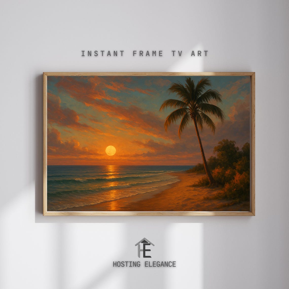 Golden Sunset Beach Palm Tree Ocean Waves Tropical Art Poster