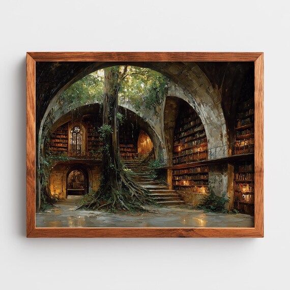 Enchanted Forest Library Ancient Tree Roots Fantasy Gothic Wall Art