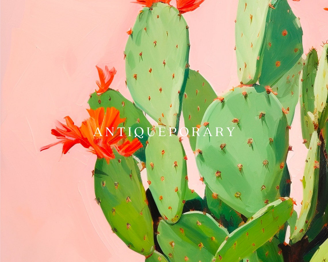 Blooming Prickly Pear Cactus in Patterned Orange Pot Pink Poster - Image 3