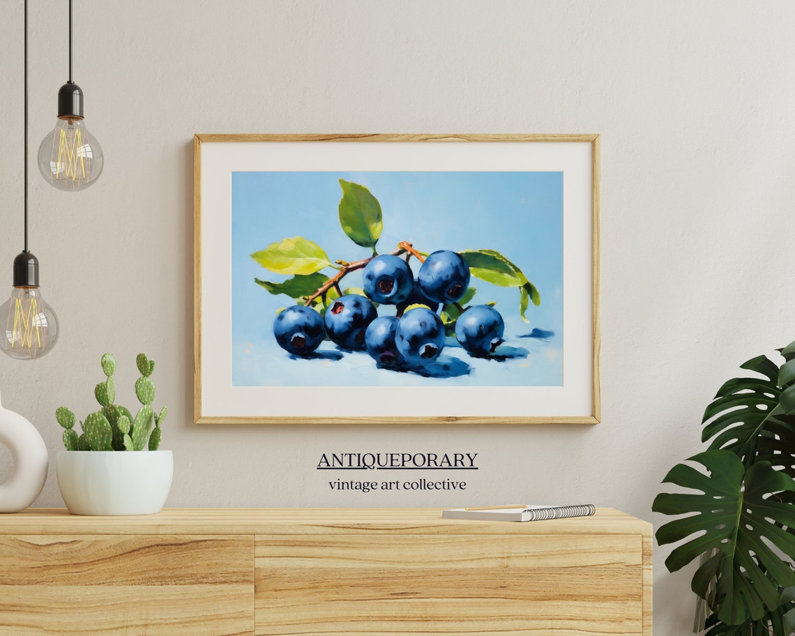 Blueberry Branch Still Life Bright Blue Painterly Fruit Art Poster - Image 2