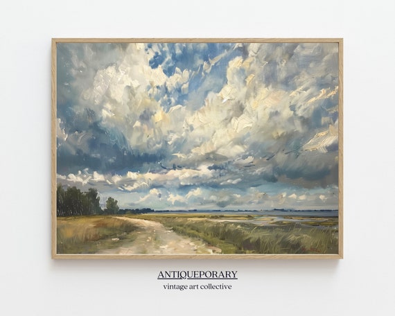 Vintage Country Landscape Painting Neutral Cloud Landscape Oil Painting Rustic Landscape Horizon Art Print