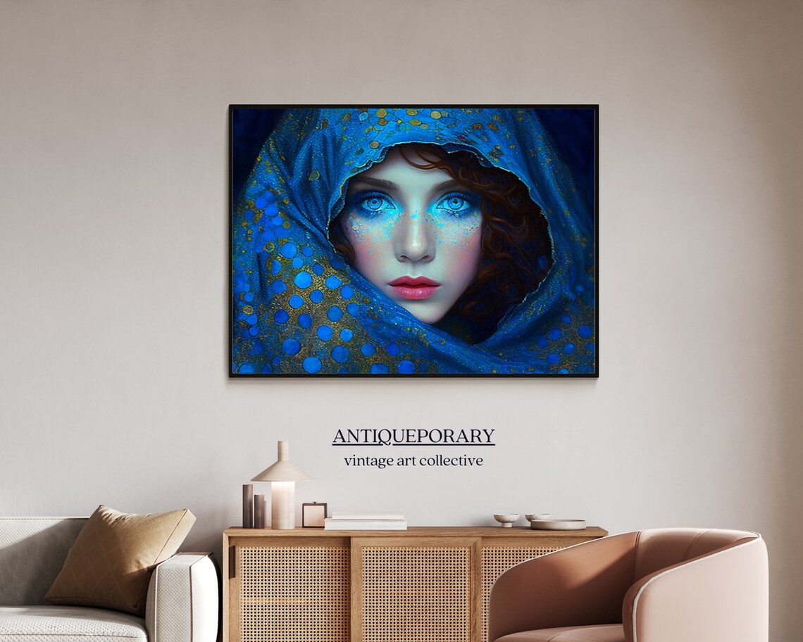Mystical Woman in Blue Jeweled Veil Fantasy Portrait Art Poster - Image 3
