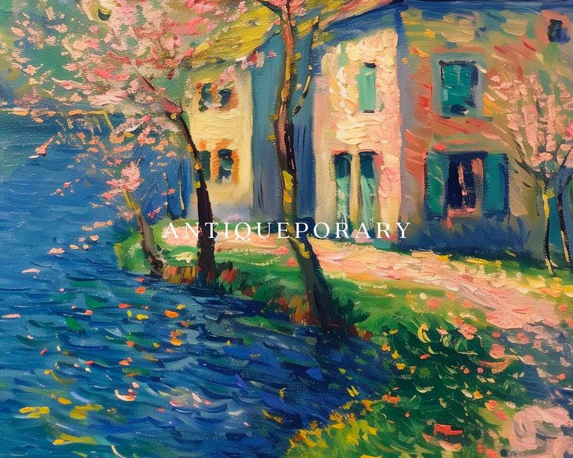 Spring Lakeside Village Blossom Impressionist Landscape Wall Art - Image 2