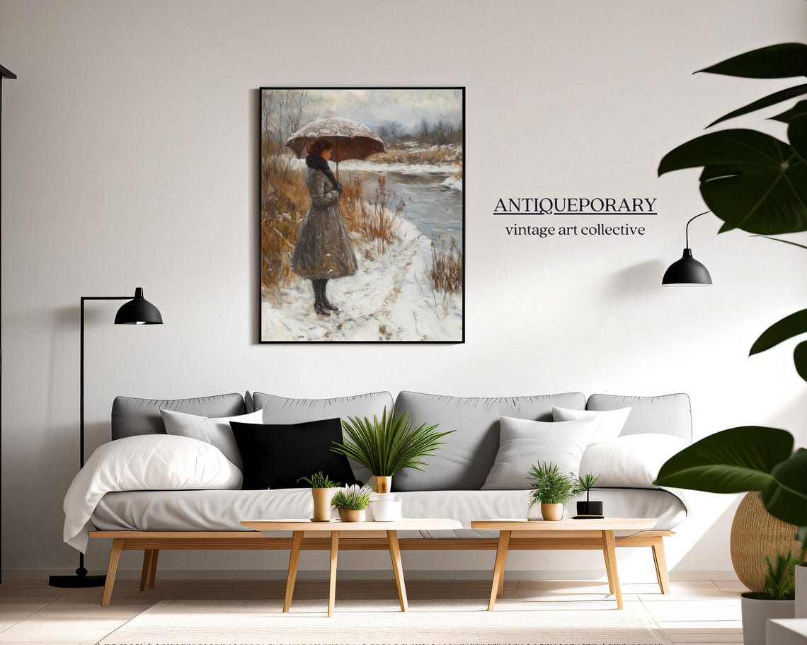 Woman with Umbrella Standing by a Snowy River Winter Scene Poster - Image 7