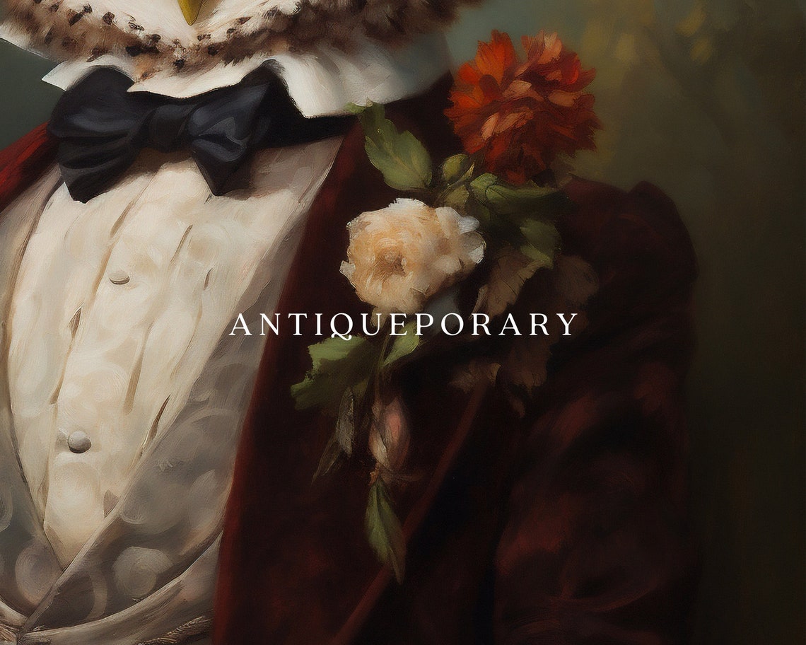 Owl Gentleman in Feathered Top Hat Bow Tie and Red Coat Poster - Image 2