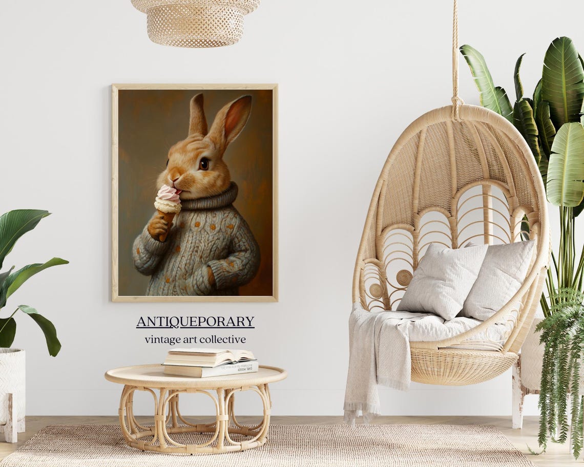 Cute Rabbit Eating Ice Cream Knit Sweater Whimsical Animal Art Poster - Image 4