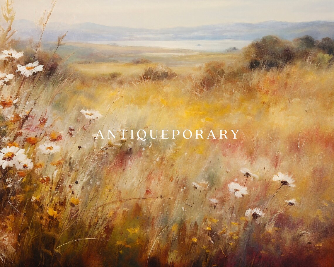 Golden Meadow Wildflowers with Lake and Hills Soft Light Art Poster - Image 2