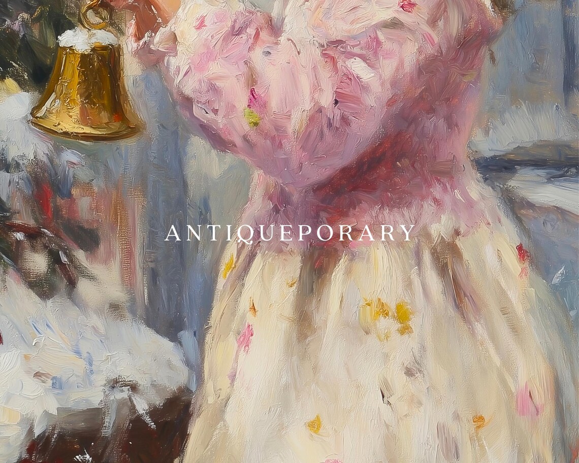 Little Girl Hanging a Golden Bell on a Snowy Christmas Tree Poster - Image 2