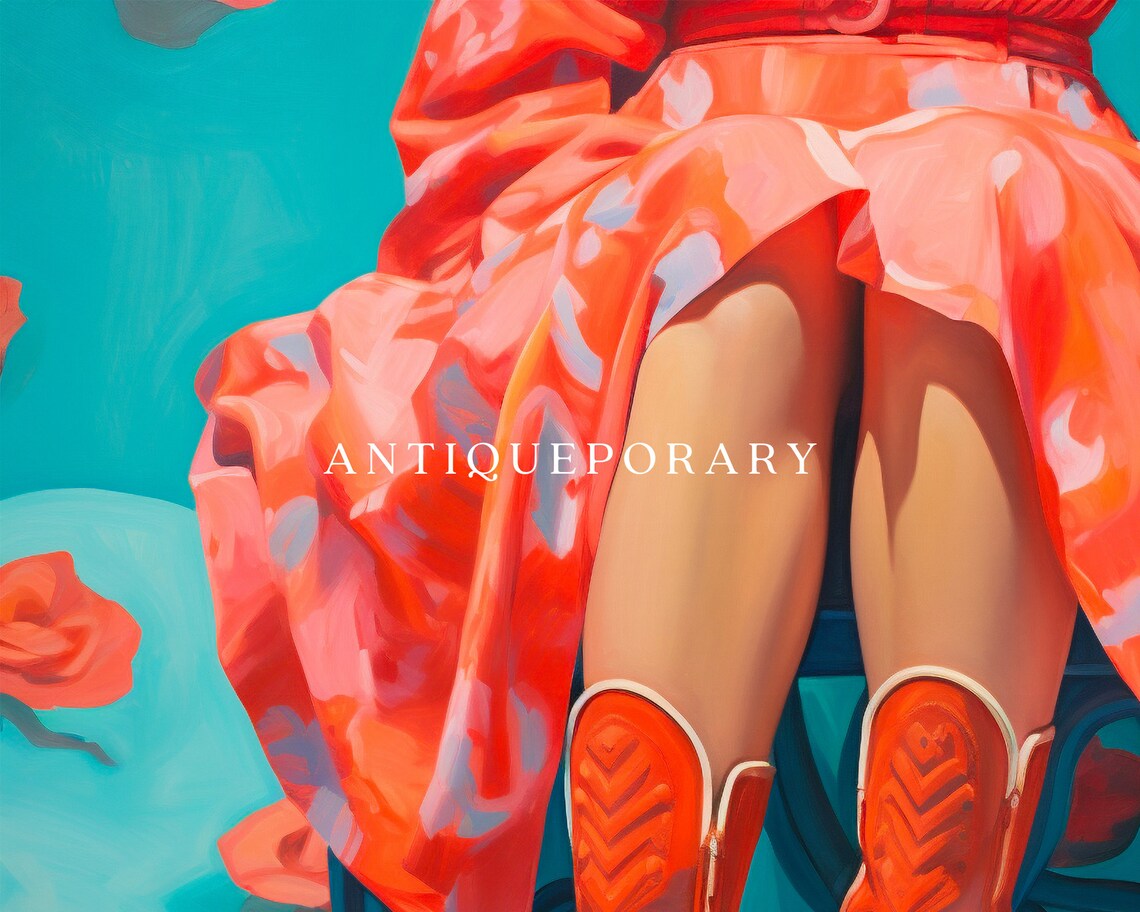Red Cowboy Boots Painting Floral Dress Modern Fashion Art Poster - Image 3
