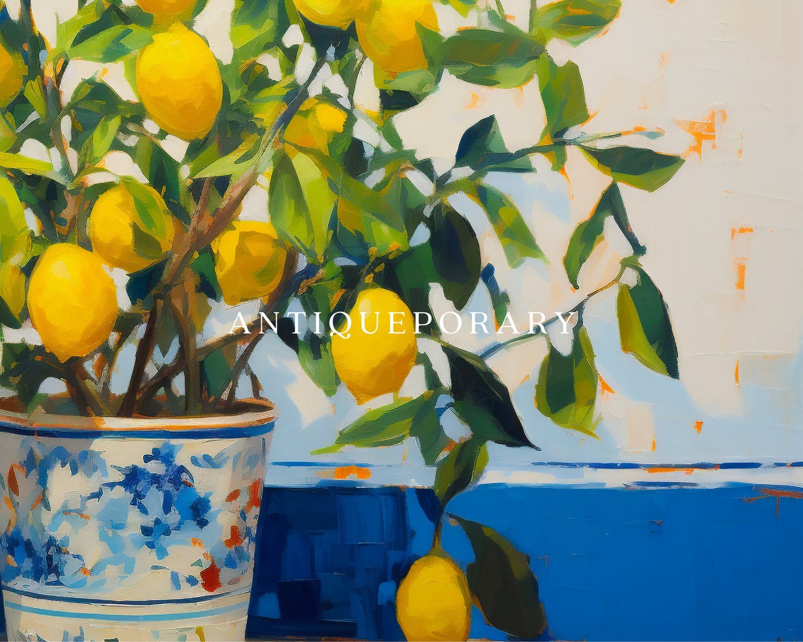 Potted Lemon Tree in Blue White Ceramic Pot Bright Kitchen Poster - Image 2