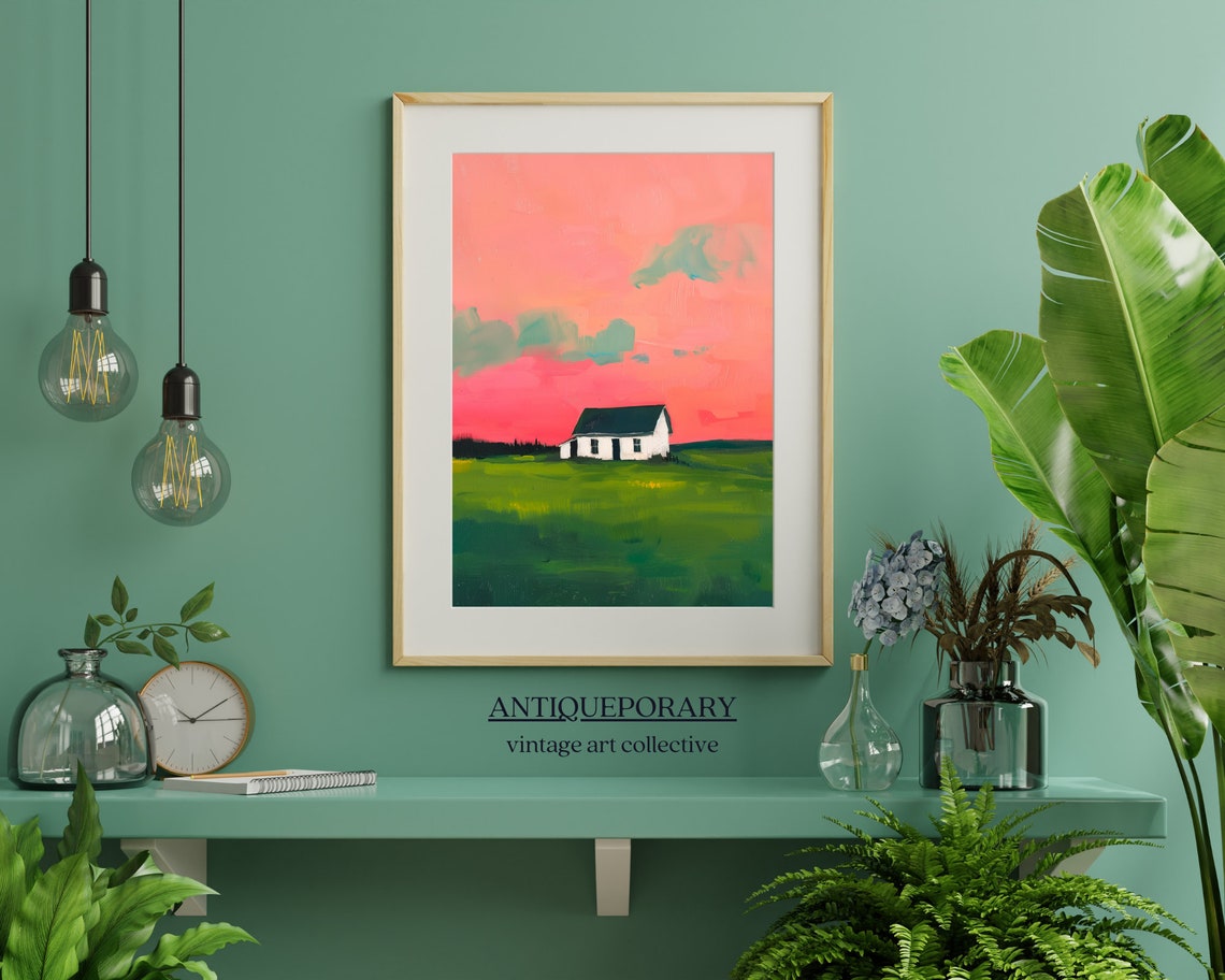 Little Farmhouse Under Pink Sunset Modern Abstract Landscape Poster - Image 5