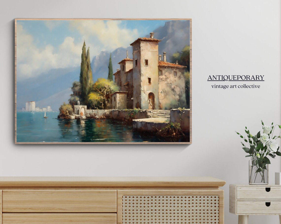 Italian Lake Village Stone Villa Cypress Trees Vintage Painting Poster - Image 5