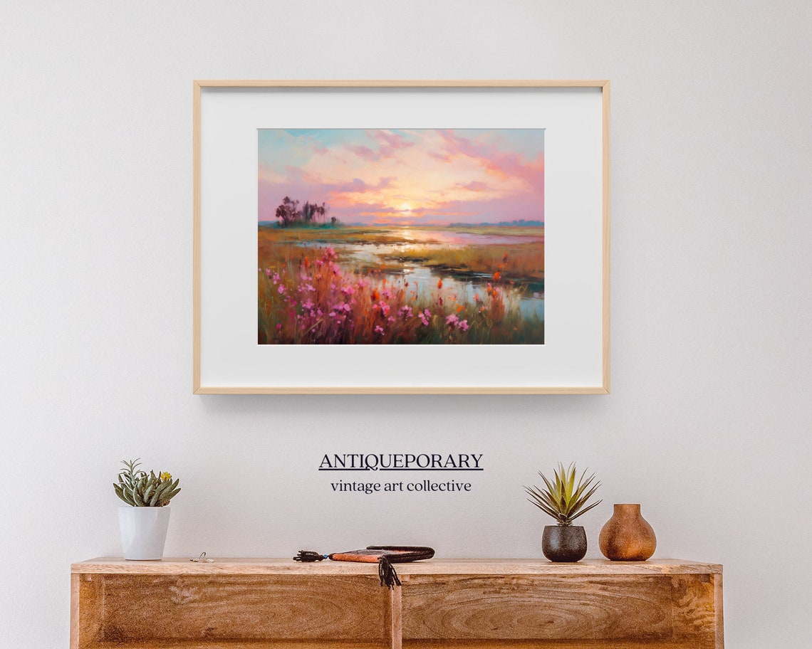 Wildflower Marsh Sunset Reflections Impressionist Landscape Poster - Image 3
