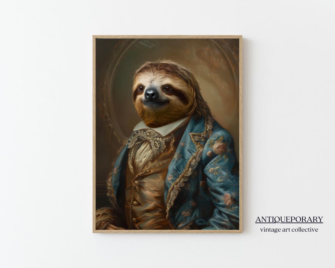 Smiling Sloth in Blue Victorian Jacket Vintage Portrait Poster