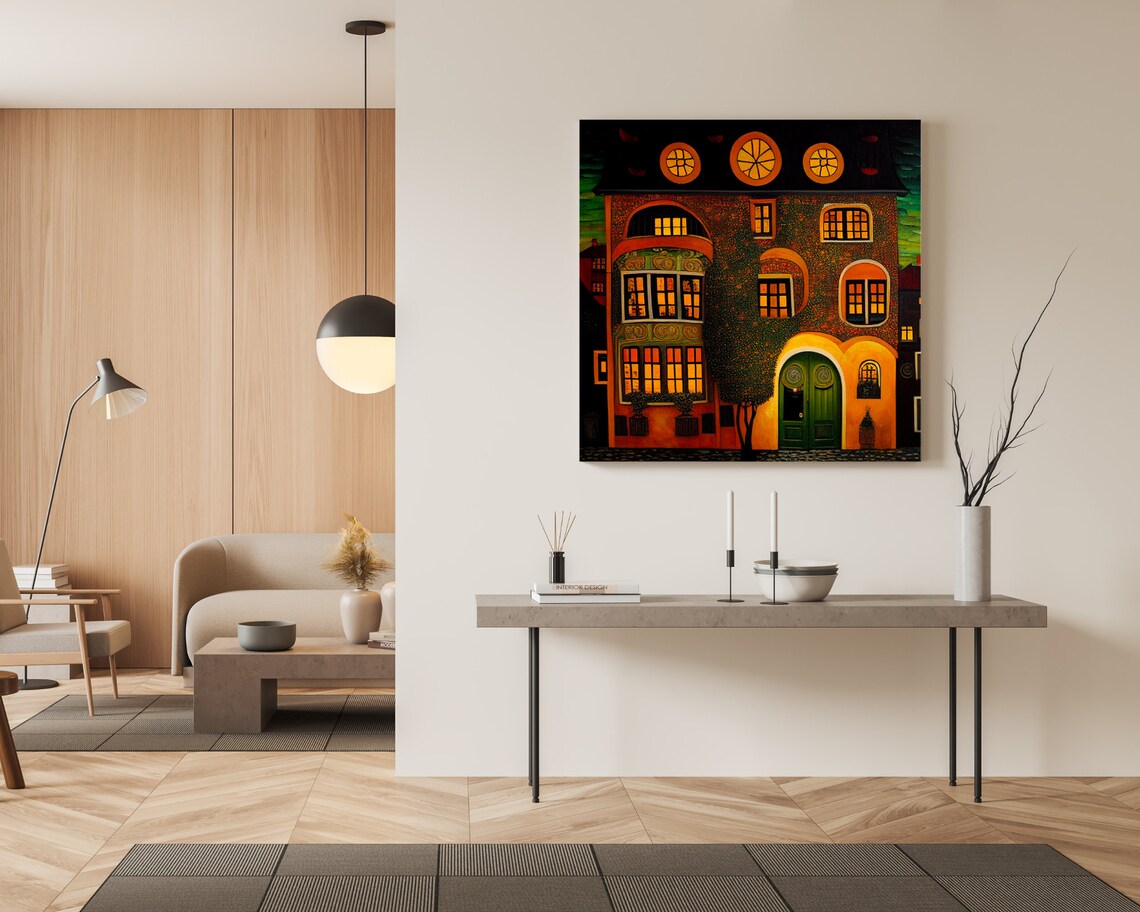 Glowing European Townhouse Night Facade Folk Art Architecture Poster - Image 5