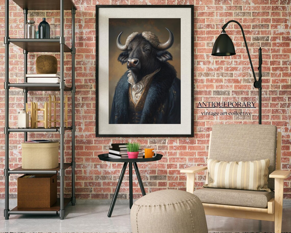 Majestic Buffalo in Navy Fur Coat Victorian Portrait Wall Art - Image 3