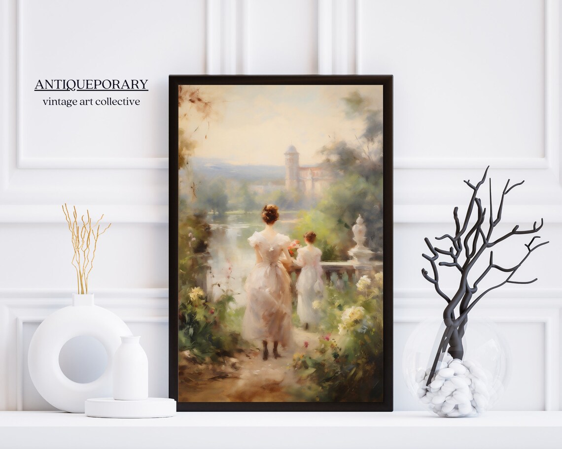 Mother Child Garden Lake View Vintage European Painting Poster - Image 4