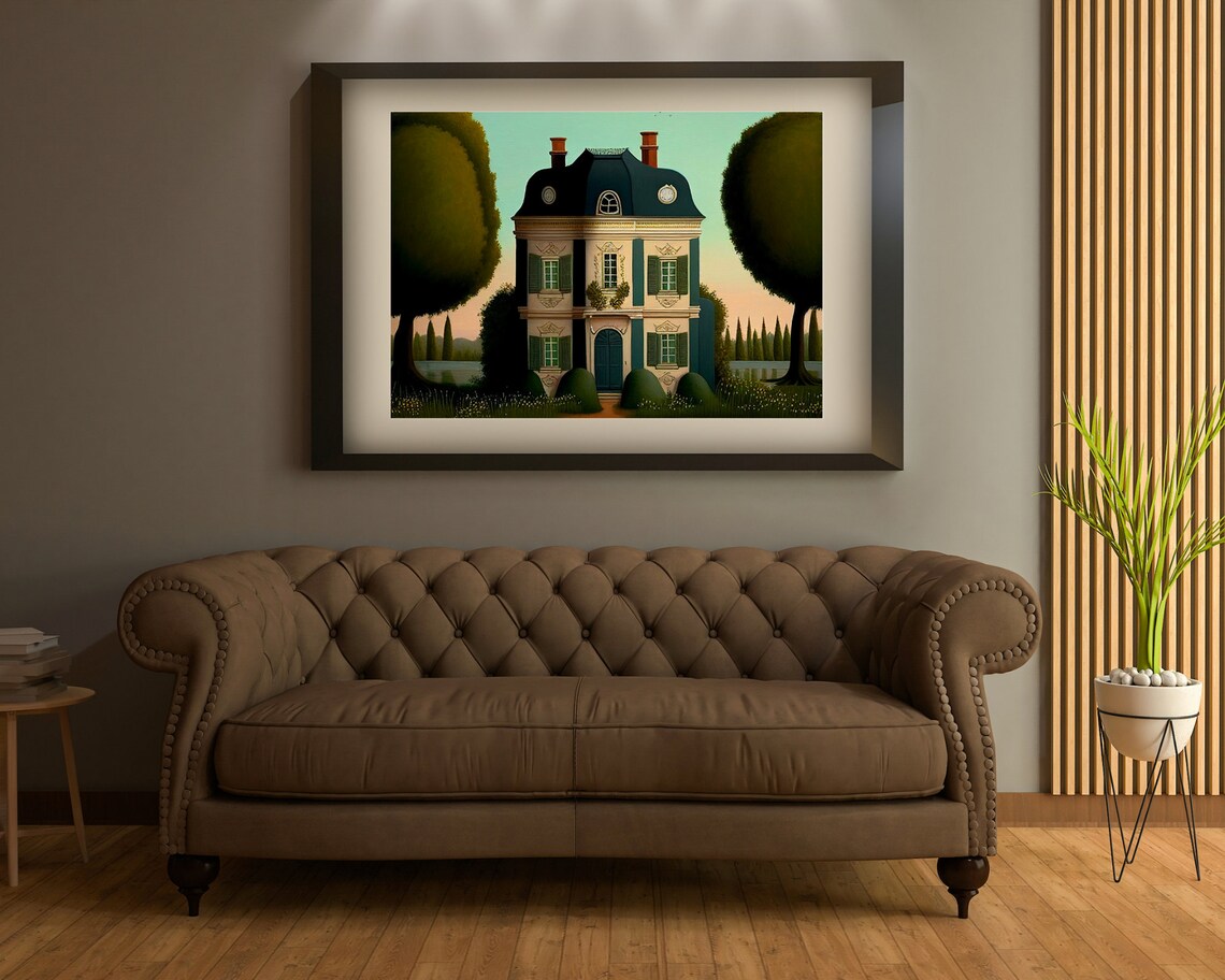 French Chateau Mansard Roof Cypress Trees Sunset Folk Art Poster - Image 3