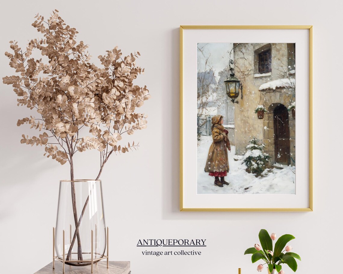 Snowy Village Winter Scene Woman Vintage European Painting Poster - Image 6