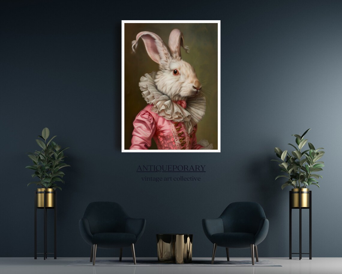 Regal White Rabbit Lady Pink Gown Oil Portrait Animal Art Poster - Image 4