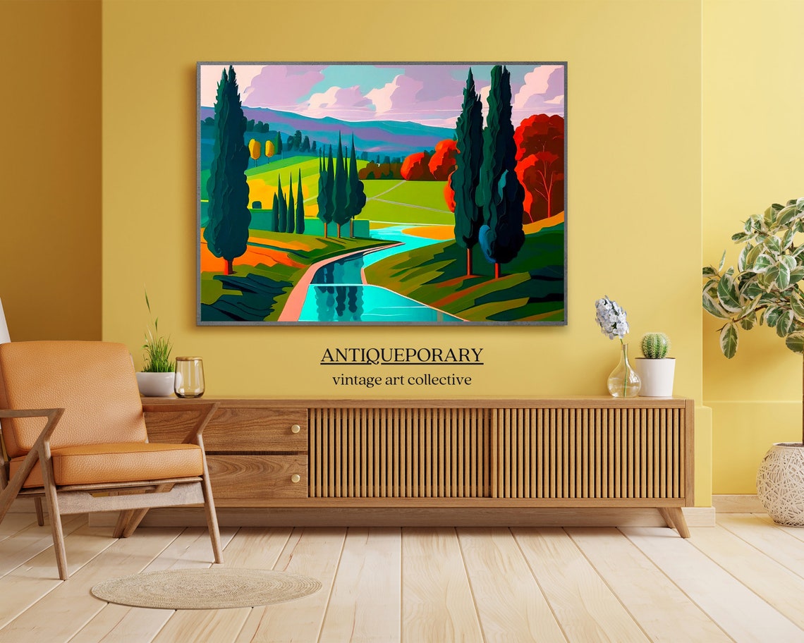 Stylized River Valley with Tall Cypress Trees Green Hills Poster - Image 7