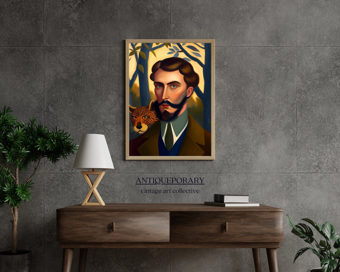 Gentleman with Leopard Vintage Mustache Portrait Stylized Oil Poster - Image 4