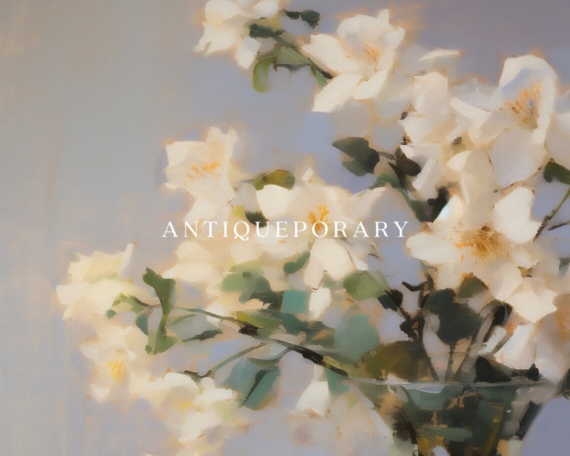 Cream White Jasmine Bouquet in Glass Vase Muted Vintage Poster - Image 3