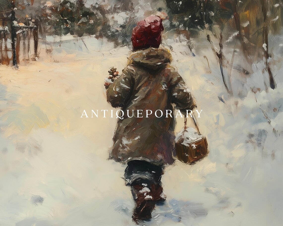 Child Walking a Snowy Village Street at Dusk Winter Scene Poster - Image 2
