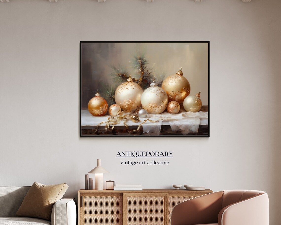 Gold and White Christmas Ornaments with Pine Still Life Poster - Image 7