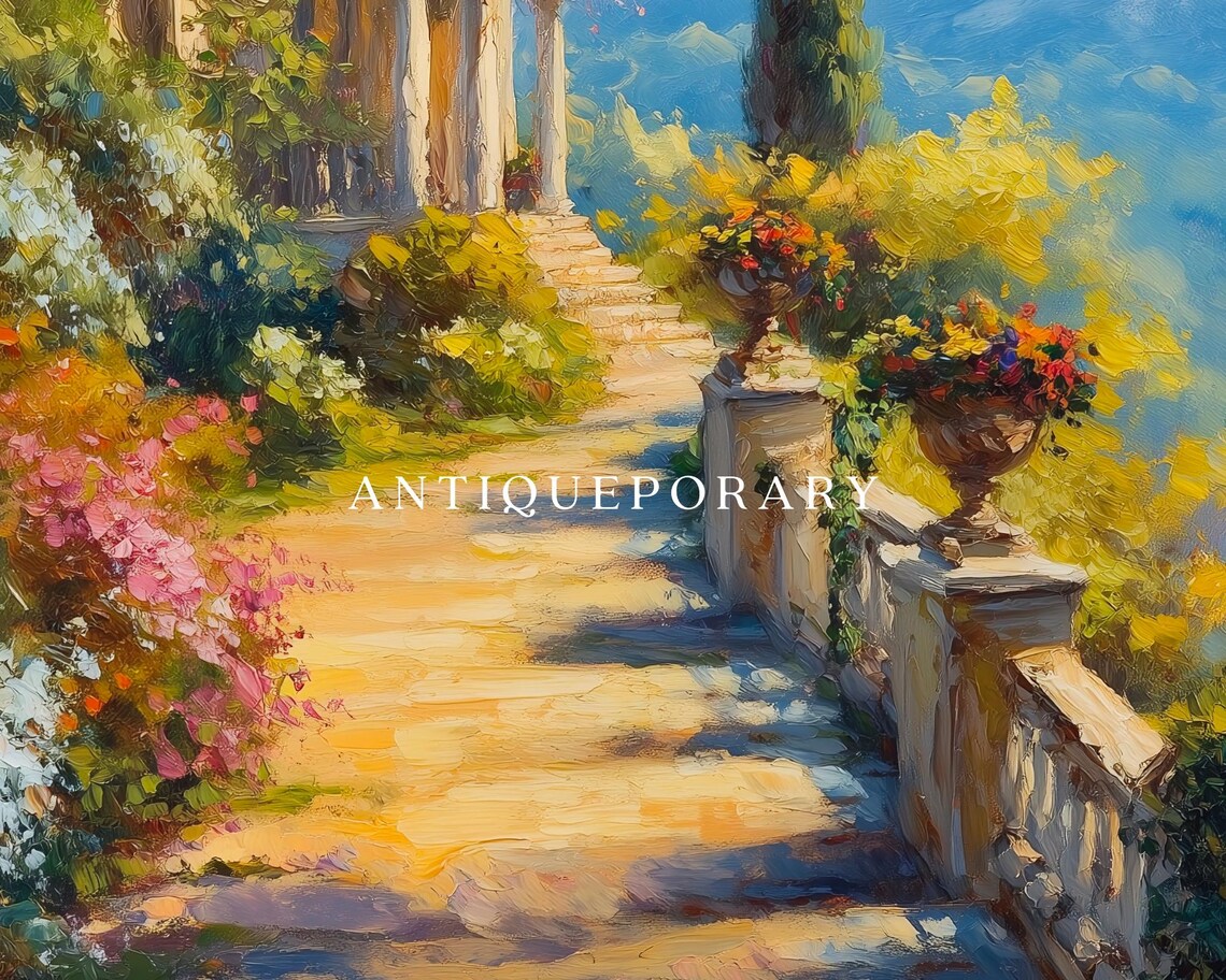 European Villa Terrace Cypress Garden Sunny Oil Painting Poster - Image 2