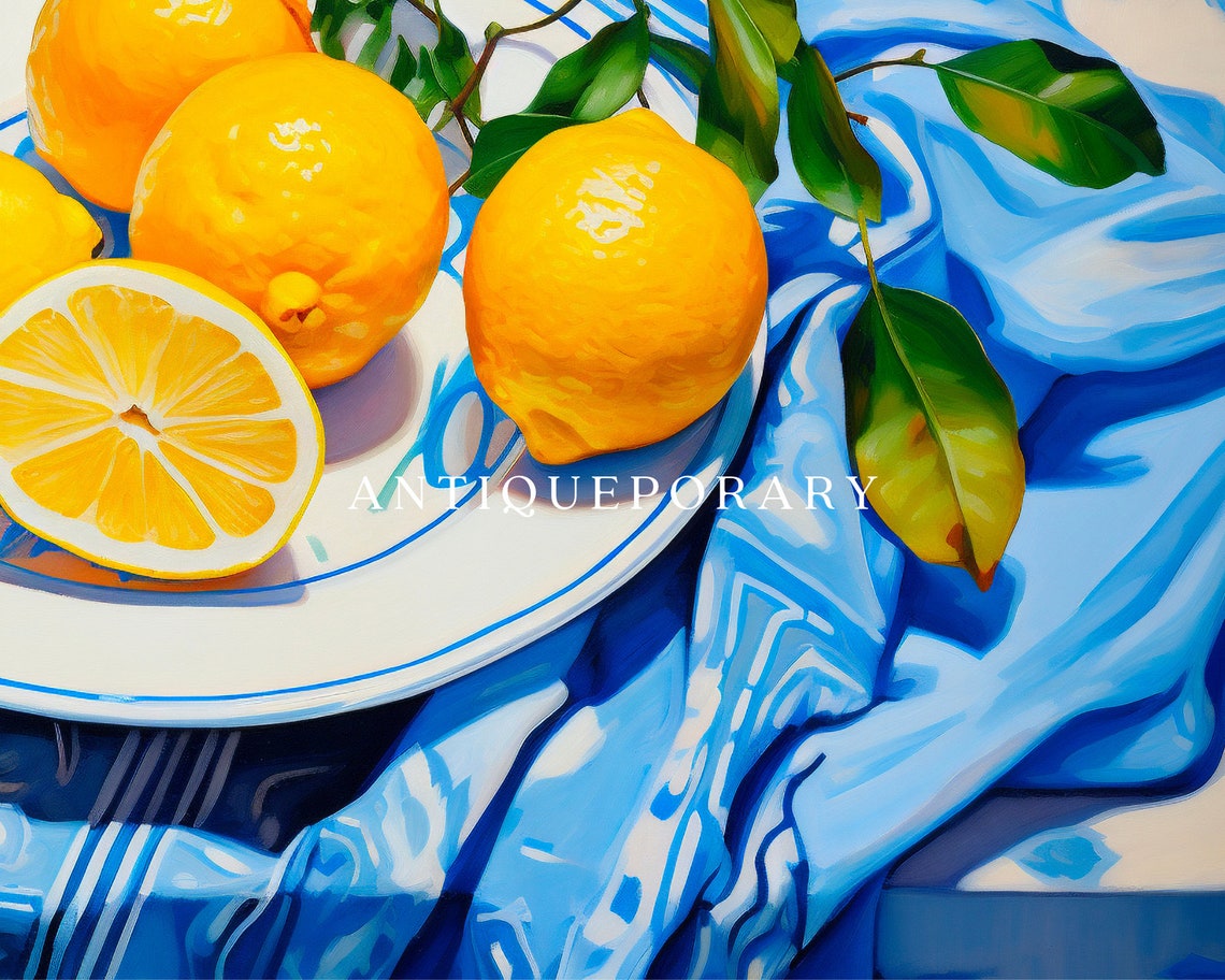 Lemon Still Life Blue Patterned Cloth Bright Citrus Painting Poster - Image 2