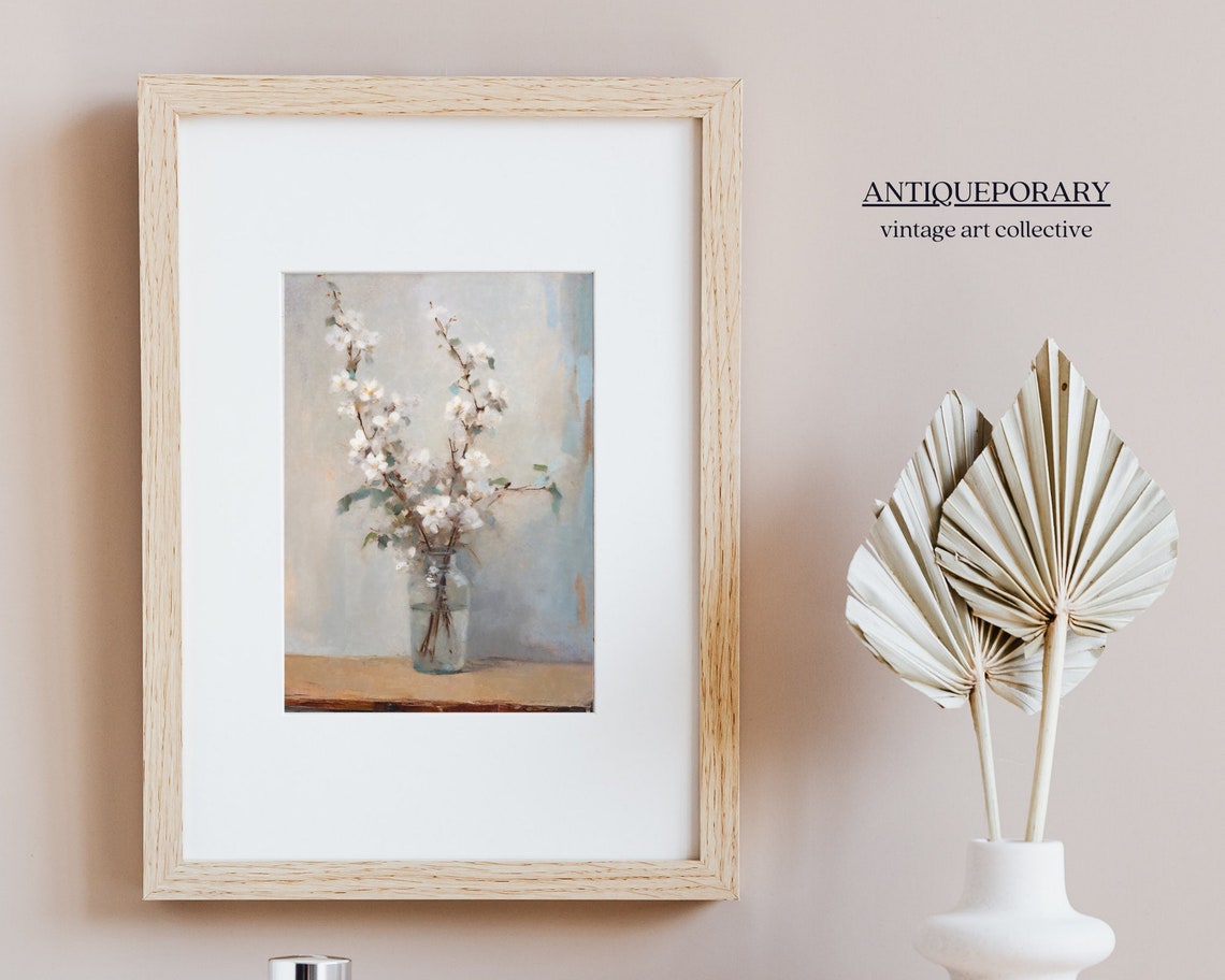 White Blossom Branches in Glass Jar Soft Neutral Still Life Print - Image 6